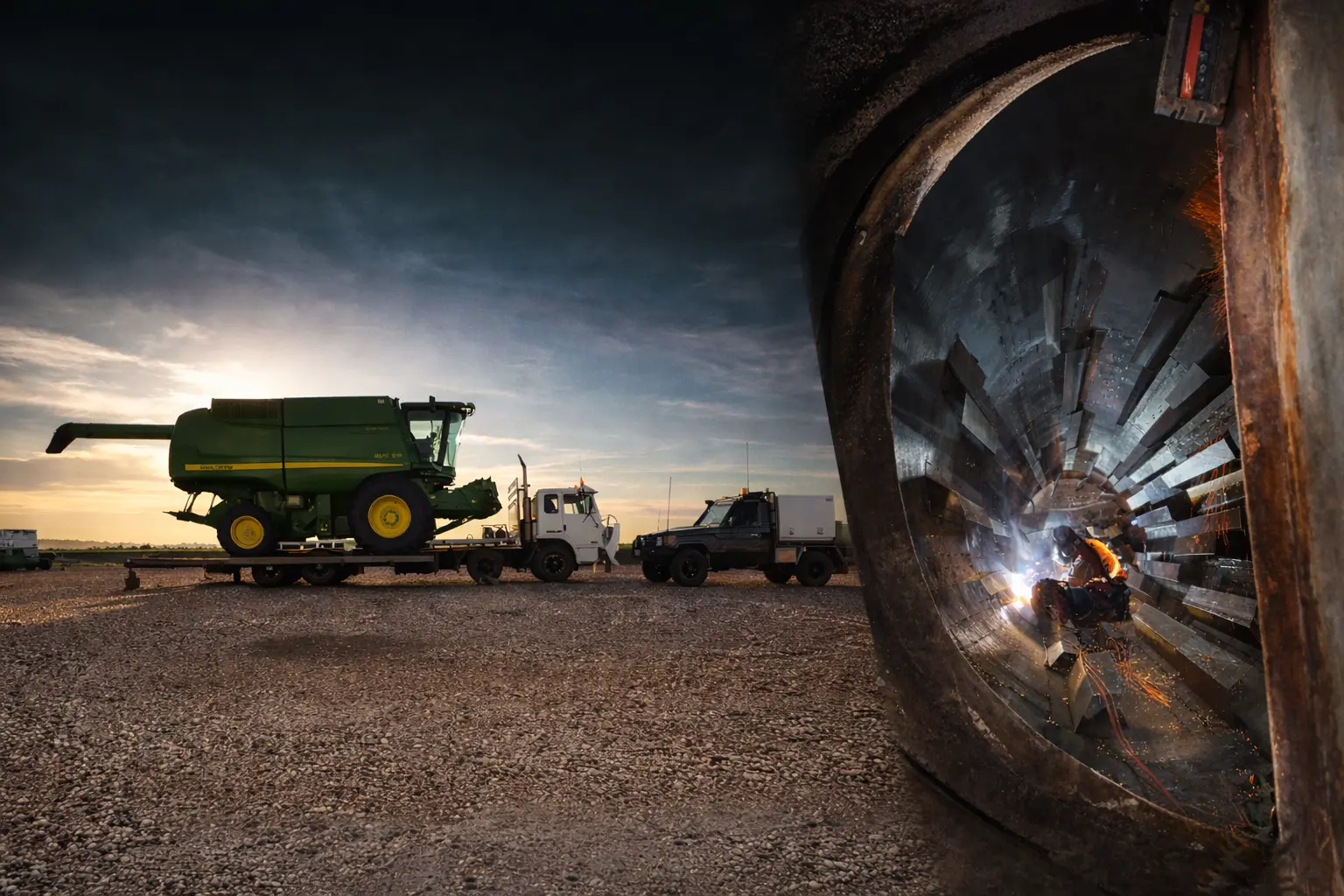 John Deere header on a float ready for escort beside a service ute, and a welder replacing worn paddles inside a rotary kiln